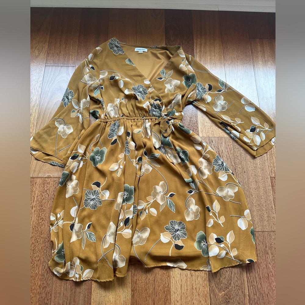 Calvin Klein Mustard Floral Tie-Waist Dress